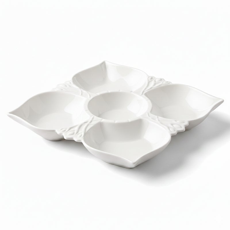 شالو طبق تقديم مسطح من البورسلين بخمسة أقسام - 31 سم، أبيض، مصنوع من البورسلين الصيني الفاخر، مثالي للضيافة الأنيقة والاستخدام اليومي وشهر رمضان وعيد الفطر وعيد ديوالي والمناسبات الاحتفالية. - Image 1